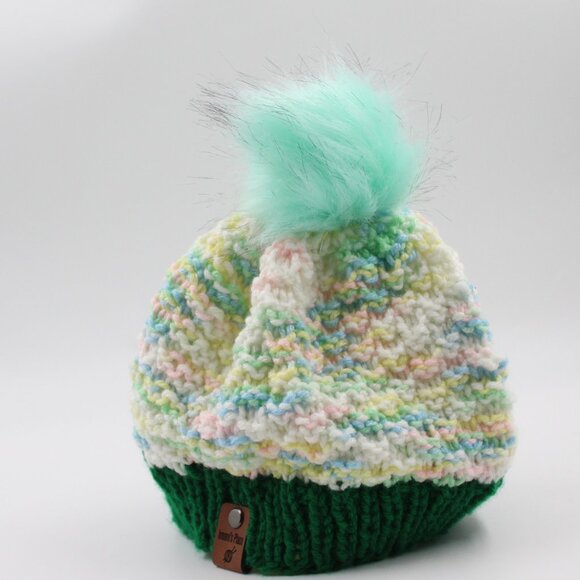 Handmade Hand Knit Pastel Pink Green Double Moss Stitch Knit Beanie Pom Pom - Picture 3 of 4
